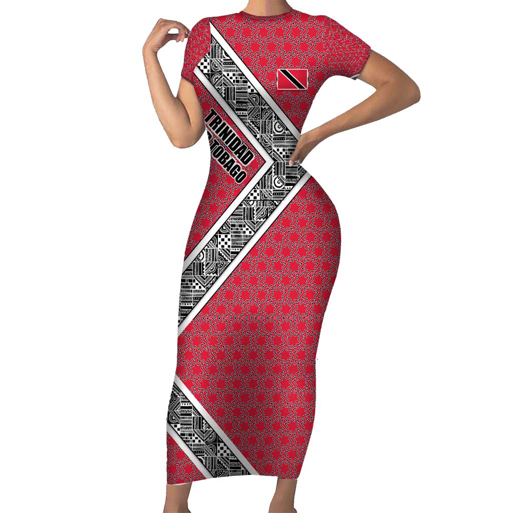Trinidad and Tobago Flamingos Sunset Short Sleeve Bodycon Dress with Tribal Masks and Red Star Pattern - Wonder Print Shop