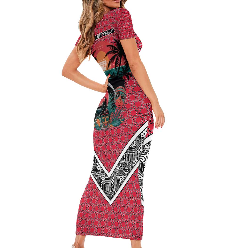 Trinidad and Tobago Flamingos Sunset Short Sleeve Bodycon Dress with Tribal Masks and Red Star Pattern - Wonder Print Shop
