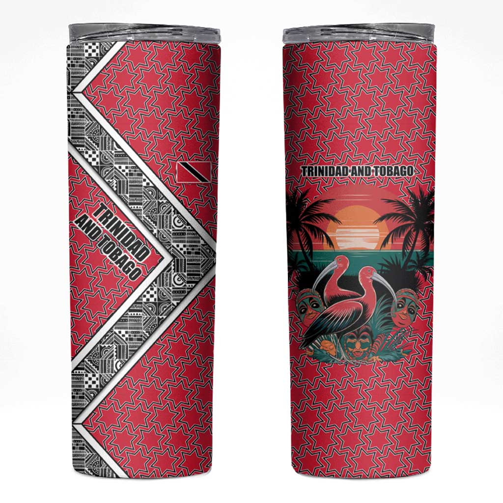 Trinidad and Tobago Flamingos Sunset Skinny Tumbler with Tribal Masks and Red Star Pattern - Wonder Print Shop