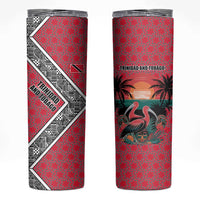 Trinidad and Tobago Flamingos Sunset Skinny Tumbler with Tribal Masks and Red Star Pattern - Wonder Print Shop