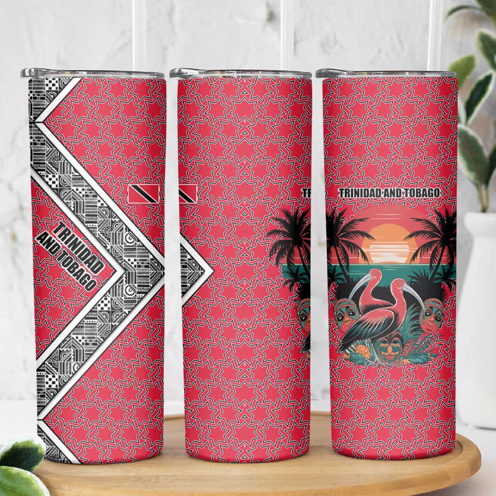 Trinidad and Tobago Flamingos Sunset Skinny Tumbler with Tribal Masks and Red Star Pattern - Wonder Print Shop