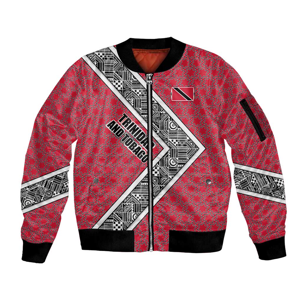 Trinidad and Tobago Flamingos Sunset Sleeve Zip Bomber Jacket with Tribal Masks and Red Star Pattern - Wonder Print Shop