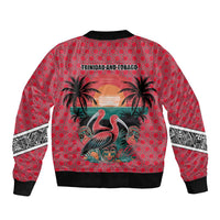 Trinidad and Tobago Flamingos Sunset Sleeve Zip Bomber Jacket with Tribal Masks and Red Star Pattern - Wonder Print Shop