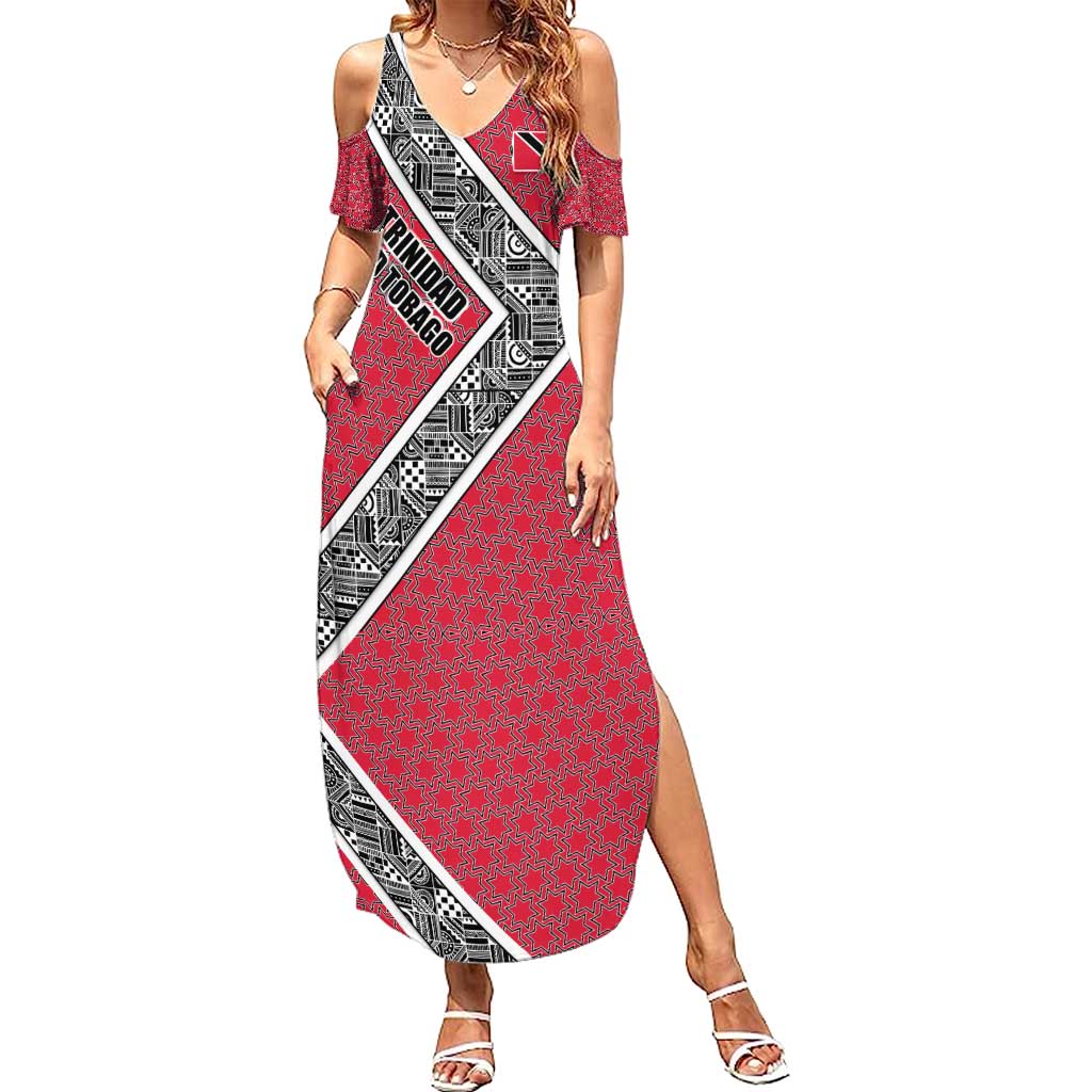 Trinidad and Tobago Flamingos Sunset Summer Maxi Dress with Tribal Masks and Red Star Pattern - Wonder Print Shop