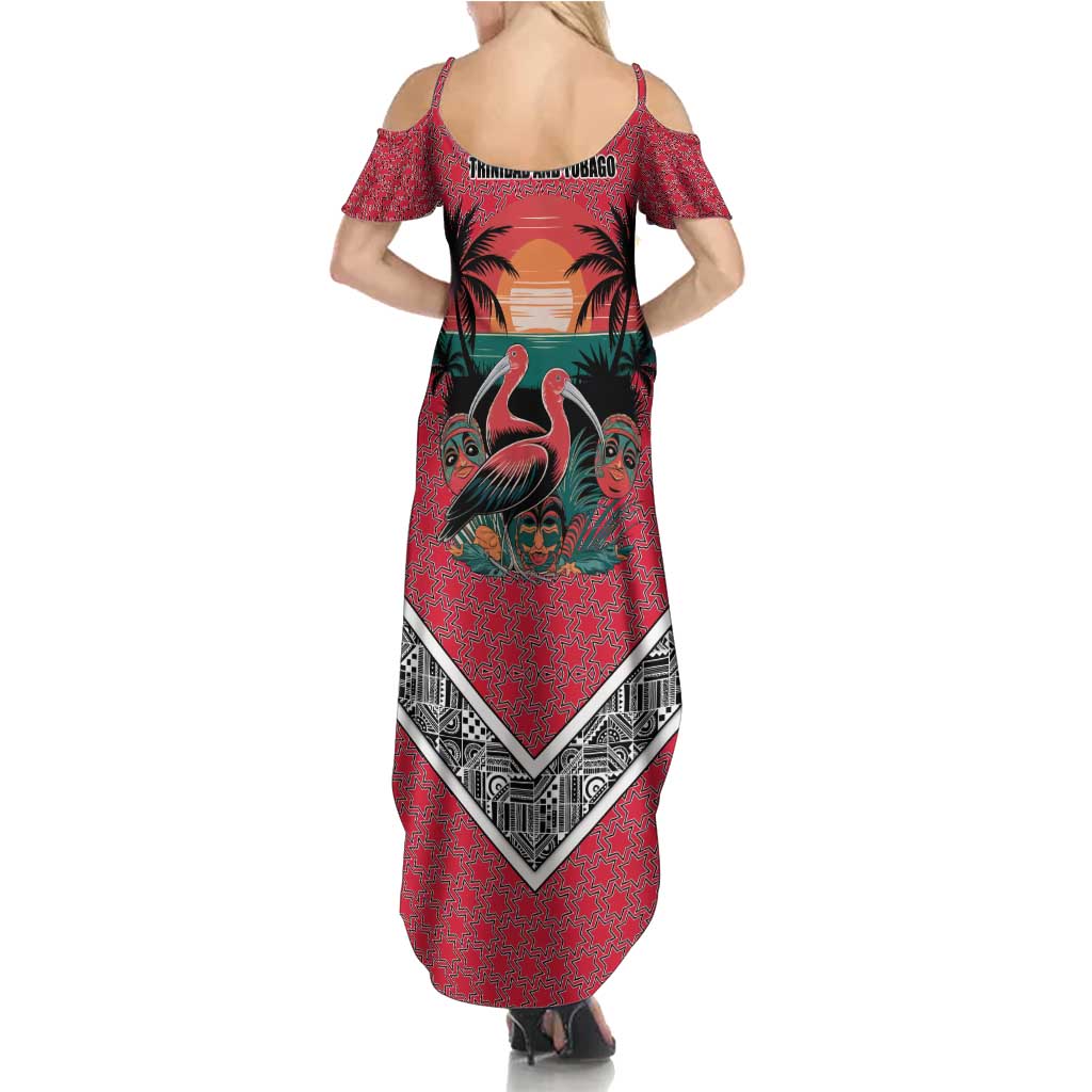 Trinidad and Tobago Flamingos Sunset Summer Maxi Dress with Tribal Masks and Red Star Pattern - Wonder Print Shop