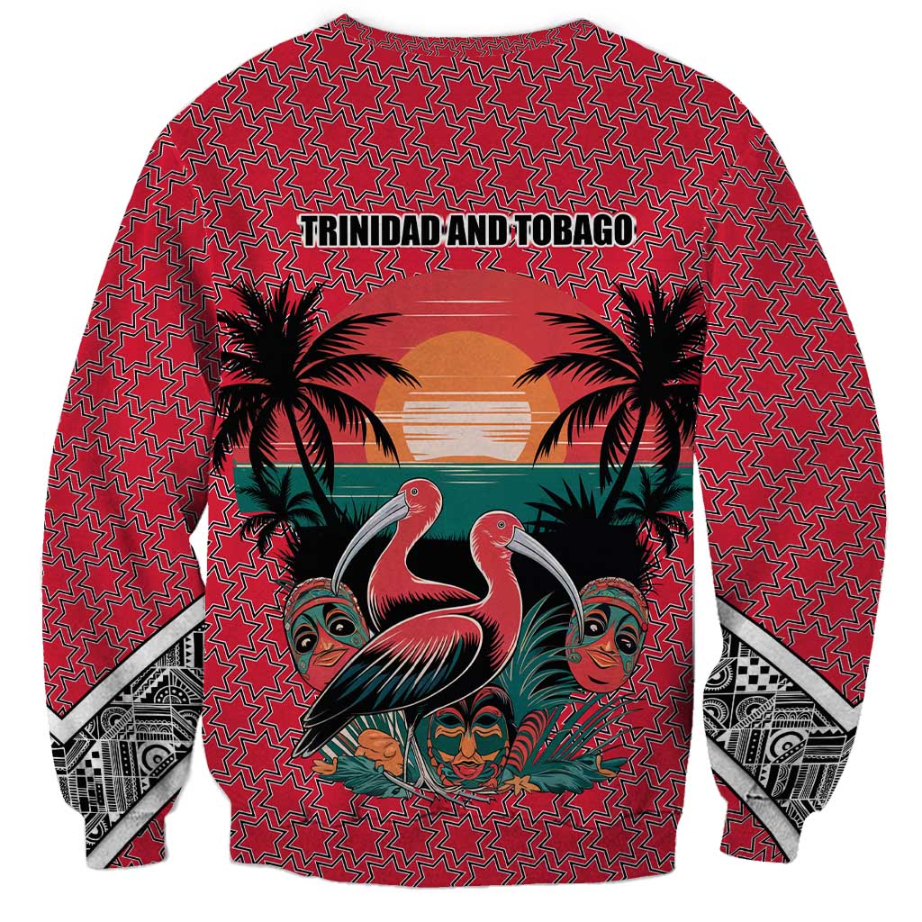 Trinidad and Tobago Flamingos Sunset Sweatshirt with Tribal Masks and Red Star Pattern - Wonder Print Shop