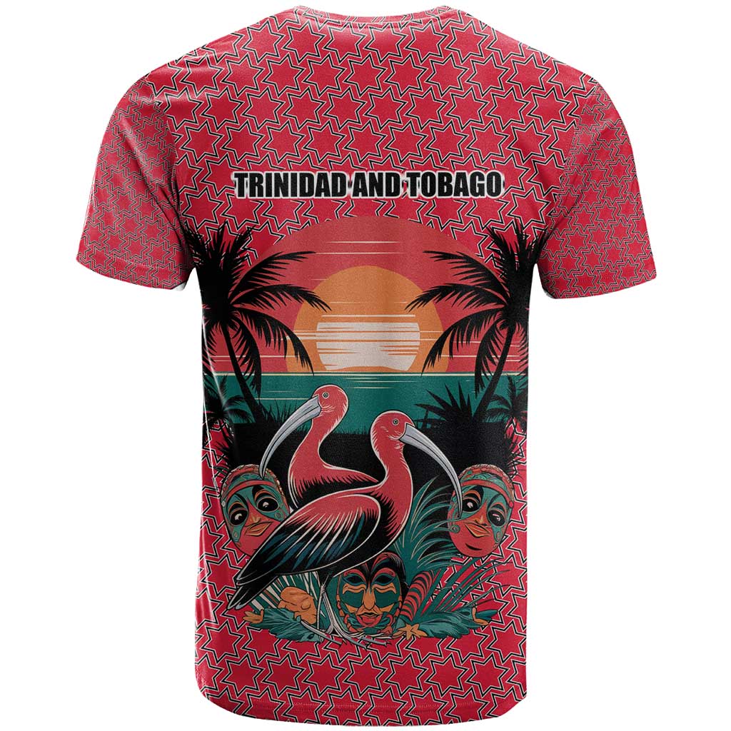 Trinidad and Tobago Flamingos Sunset T Shirt with Tribal Masks and Red Star Pattern - Wonder Print Shop