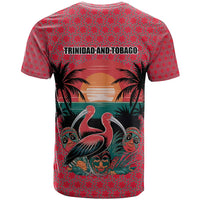 Trinidad and Tobago Flamingos Sunset T Shirt with Tribal Masks and Red Star Pattern - Wonder Print Shop