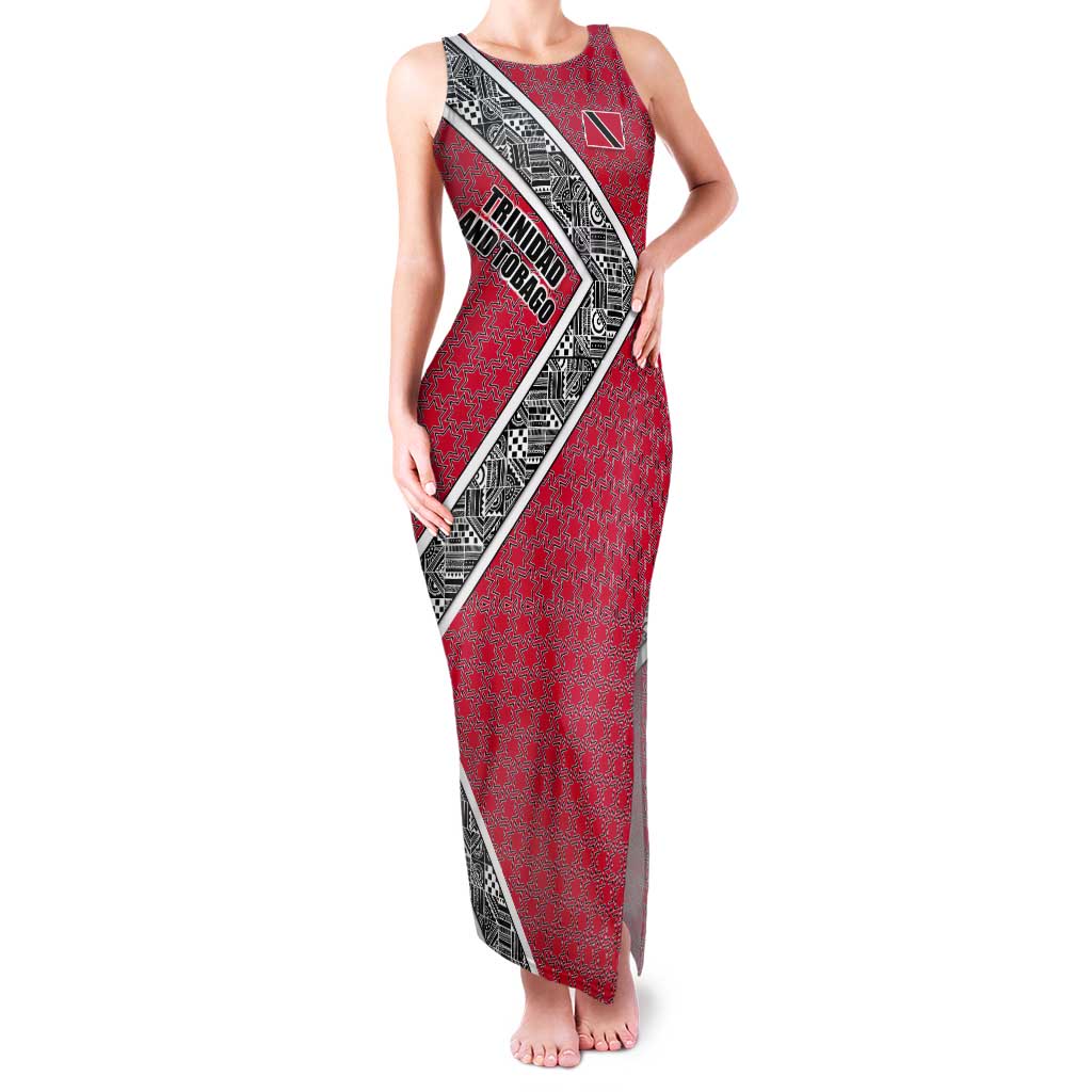 Trinidad and Tobago Flamingos Sunset Tank Maxi Dress with Tribal Masks and Red Star Pattern - Wonder Print Shop