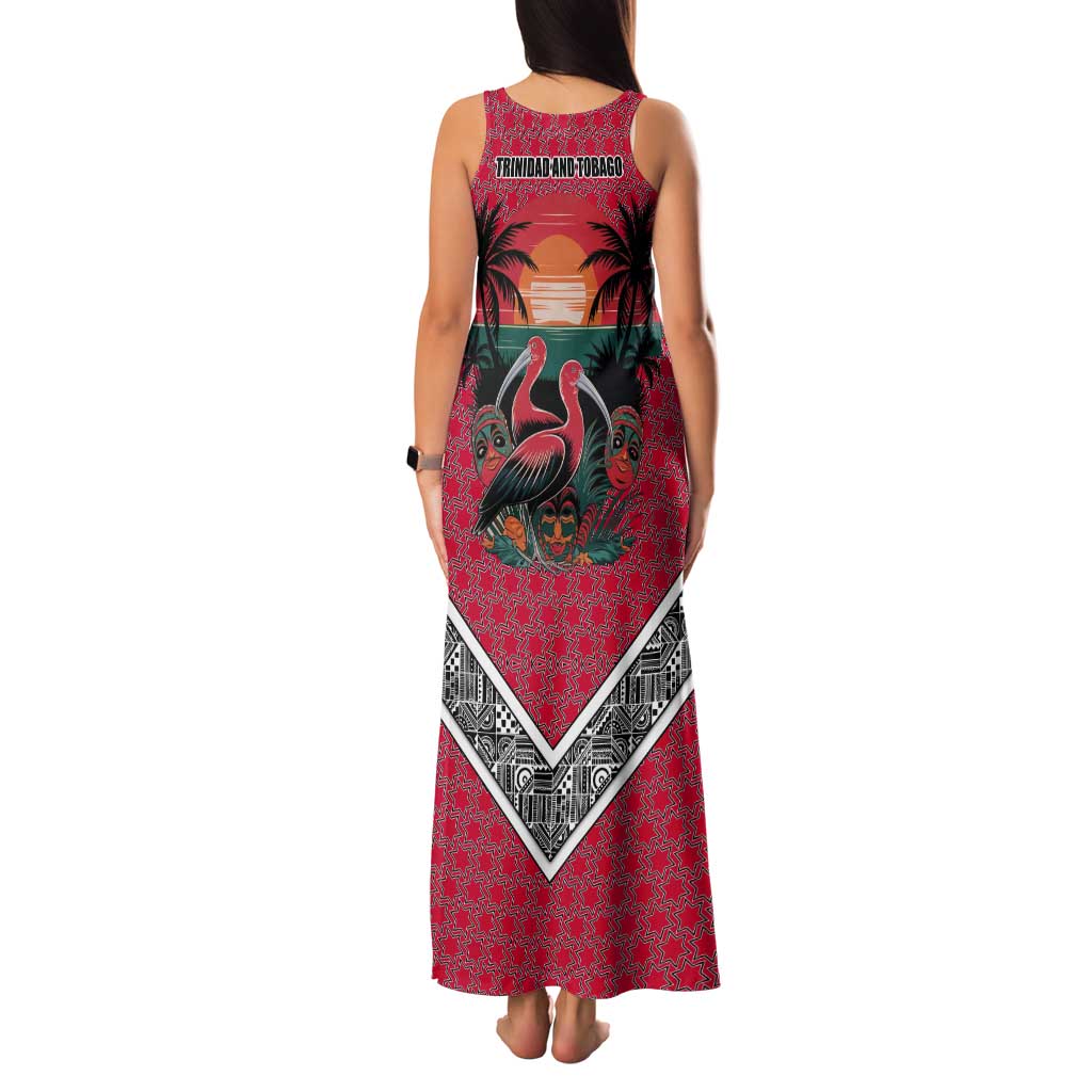 Trinidad and Tobago Flamingos Sunset Tank Maxi Dress with Tribal Masks and Red Star Pattern - Wonder Print Shop
