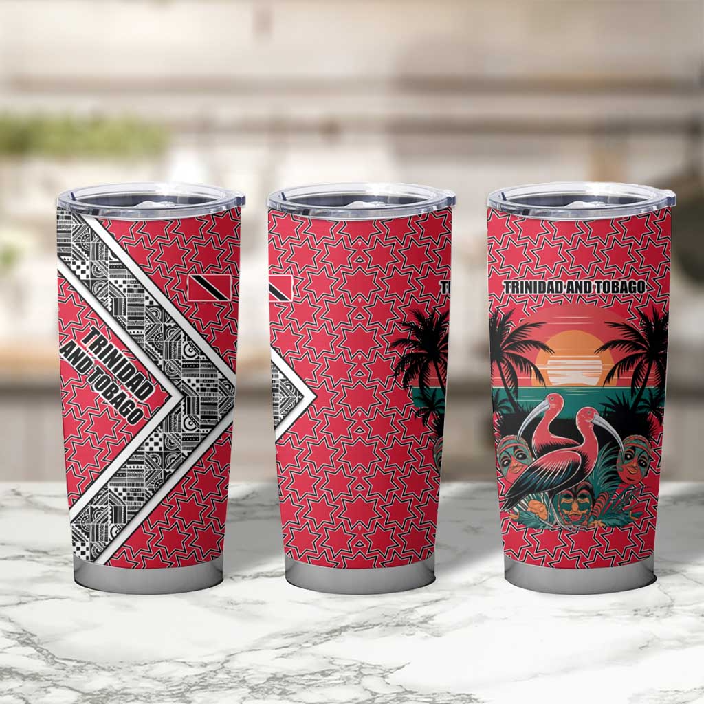 Trinidad and Tobago Flamingos Sunset Tumbler Cup with Tribal Masks and Red Star Pattern - Wonder Print Shop