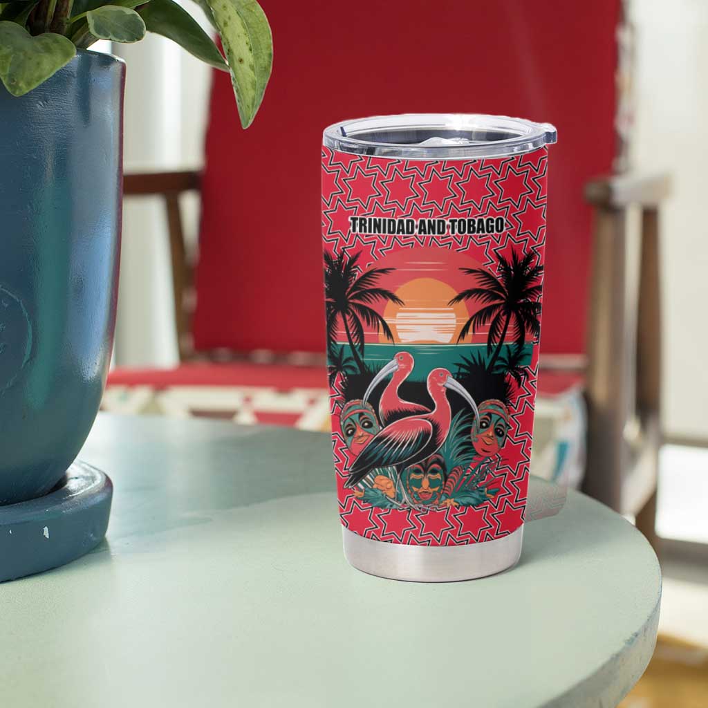 Trinidad and Tobago Flamingos Sunset Tumbler Cup with Tribal Masks and Red Star Pattern - Wonder Print Shop