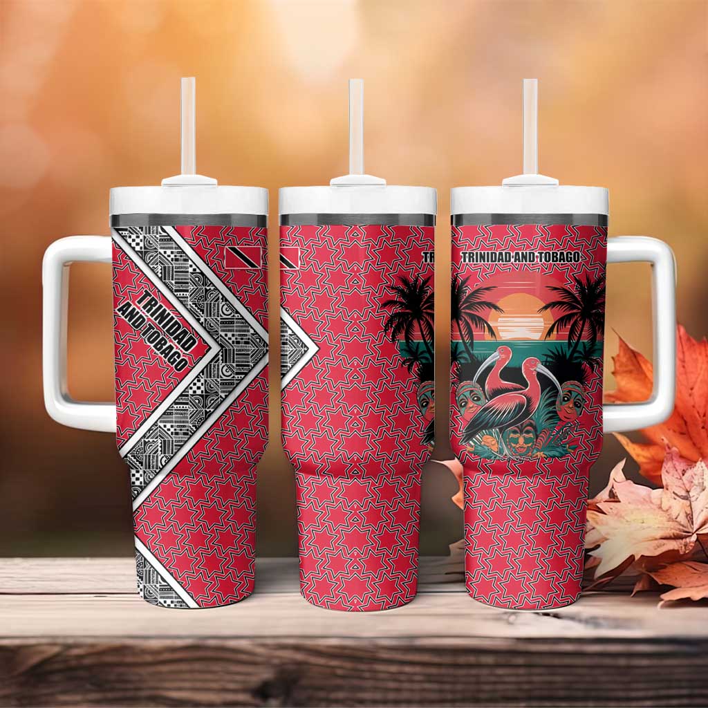 Trinidad and Tobago Flamingos Sunset Tumbler With Handle with Tribal Masks and Red Star Pattern - Wonder Print Shop
