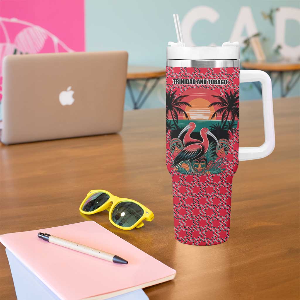 Trinidad and Tobago Flamingos Sunset Tumbler With Handle with Tribal Masks and Red Star Pattern - Wonder Print Shop
