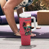 Trinidad and Tobago Flamingos Sunset Tumbler With Handle with Tribal Masks and Red Star Pattern - Wonder Print Shop