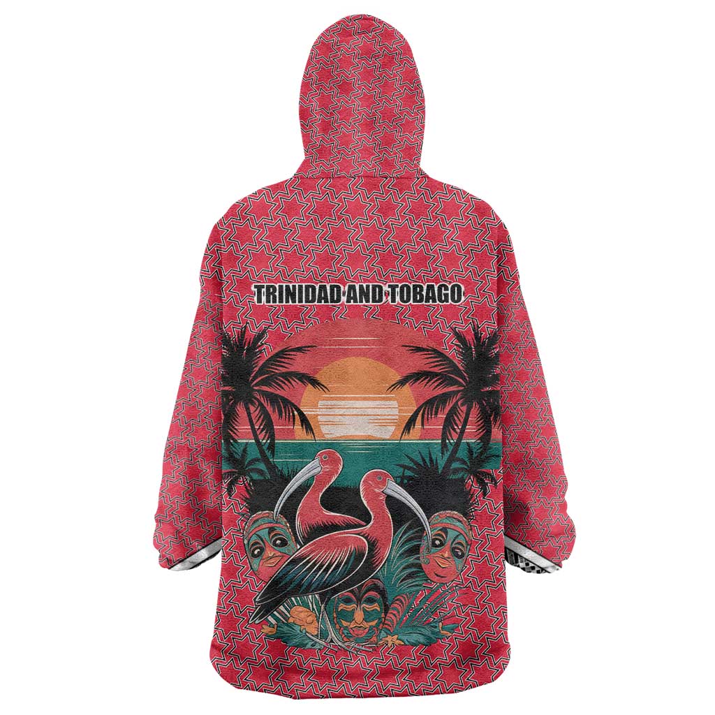 Trinidad and Tobago Flamingos Sunset Wearable Blanket Hoodie with Tribal Masks and Red Star Pattern - Wonder Print Shop