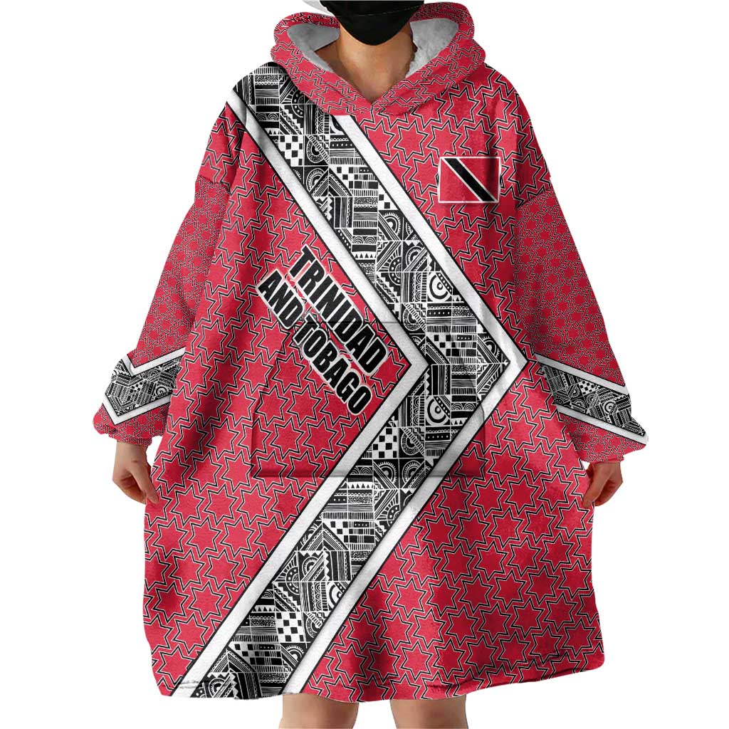 Trinidad and Tobago Flamingos Sunset Wearable Blanket Hoodie with Tribal Masks and Red Star Pattern - Wonder Print Shop