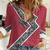 Trinidad and Tobago Flamingos Sunset Women Casual Shirt with Tribal Masks and Red Star Pattern - Wonder Print Shop