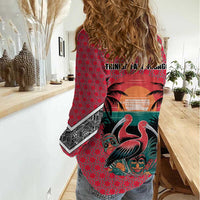 Trinidad and Tobago Flamingos Sunset Women Casual Shirt with Tribal Masks and Red Star Pattern - Wonder Print Shop