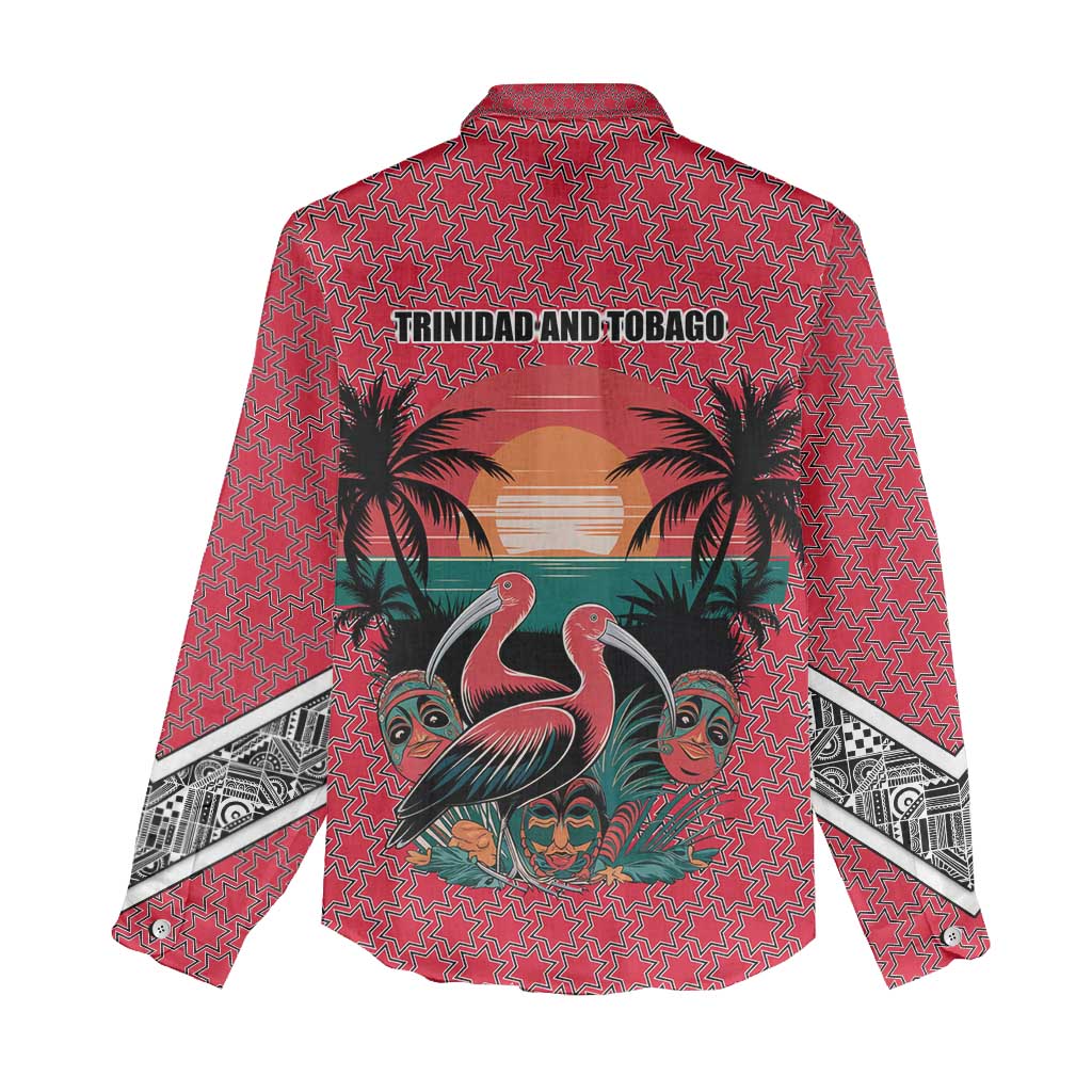 Trinidad and Tobago Flamingos Sunset Women Casual Shirt with Tribal Masks and Red Star Pattern - Wonder Print Shop