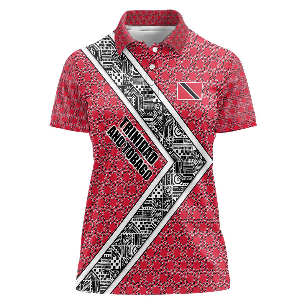 Trinidad and Tobago Flamingos Sunset Women Polo Shirt with Tribal Masks and Red Star Pattern - Wonder Print Shop