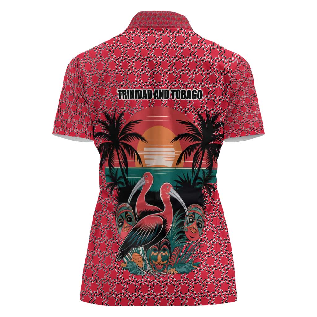 Trinidad and Tobago Flamingos Sunset Women Polo Shirt with Tribal Masks and Red Star Pattern - Wonder Print Shop
