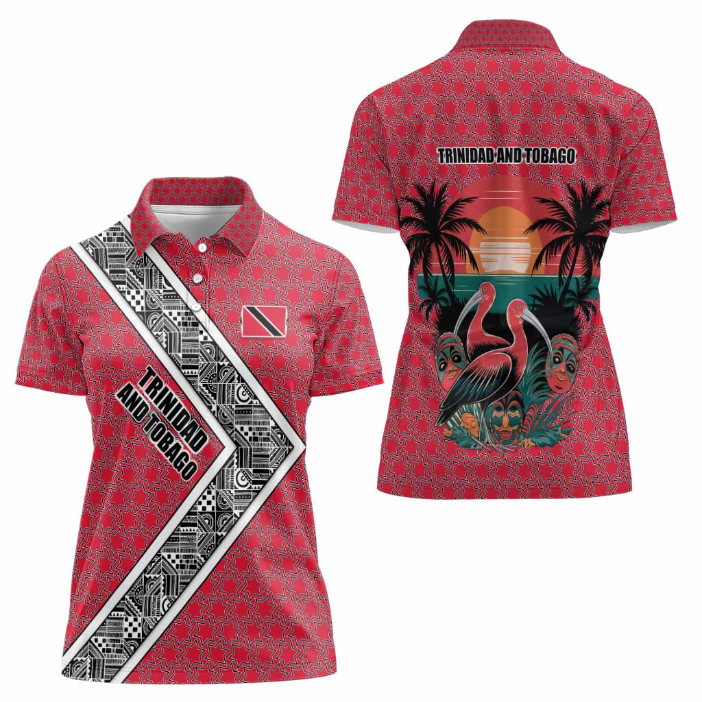 Trinidad and Tobago Flamingos Sunset Women Polo Shirt with Tribal Masks and Red Star Pattern - Wonder Print Shop