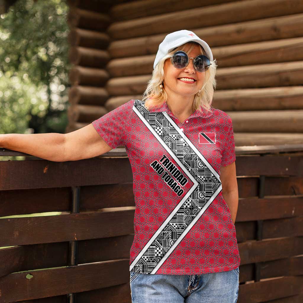 Trinidad and Tobago Flamingos Sunset Women Polo Shirt with Tribal Masks and Red Star Pattern - Wonder Print Shop