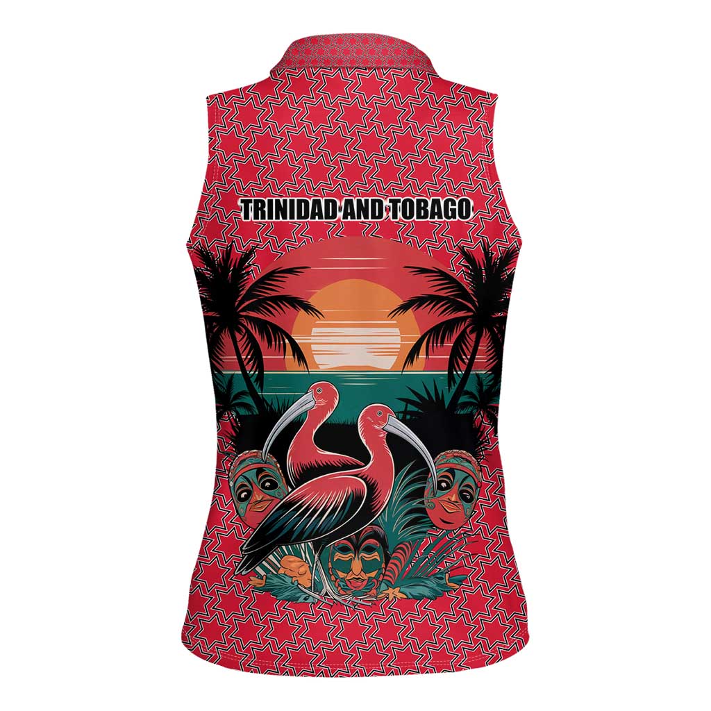 Trinidad and Tobago Flamingos Sunset Women Sleeveless Polo Shirt with Tribal Masks and Red Star Pattern - Wonder Print Shop