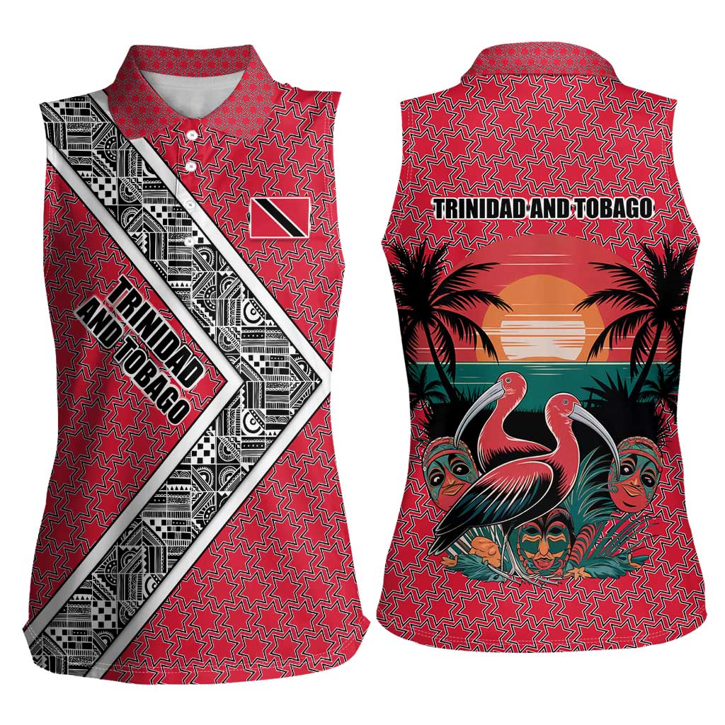 Trinidad and Tobago Flamingos Sunset Women Sleeveless Polo Shirt with Tribal Masks and Red Star Pattern - Wonder Print Shop