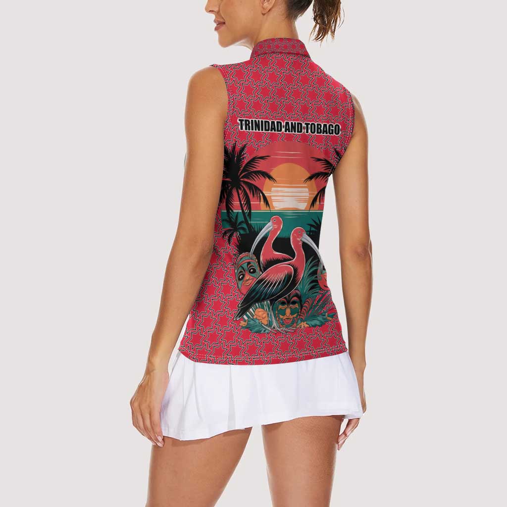 Trinidad and Tobago Flamingos Sunset Women Sleeveless Polo Shirt with Tribal Masks and Red Star Pattern - Wonder Print Shop