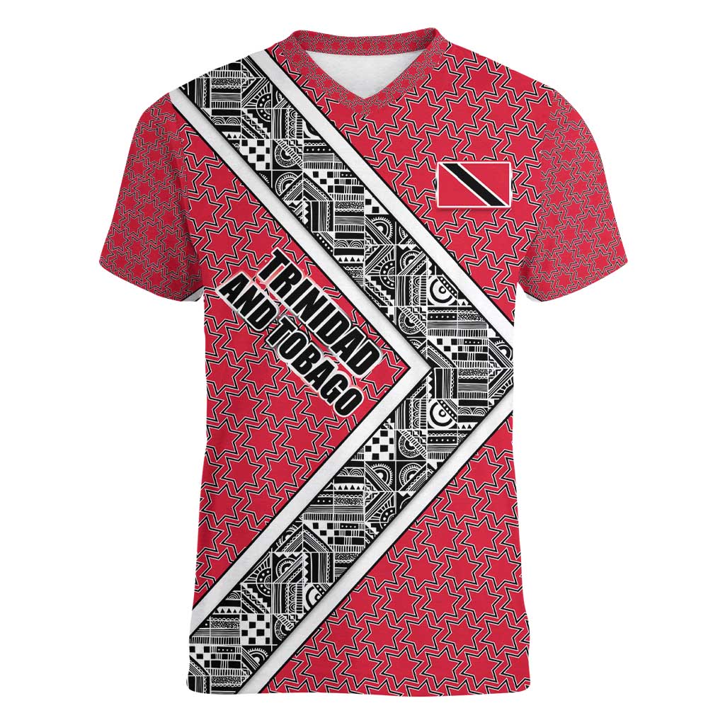 Trinidad and Tobago Flamingos Sunset Women V-Neck T-Shirt with Tribal Masks and Red Star Pattern - Wonder Print Shop