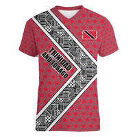 Trinidad and Tobago Flamingos Sunset Women V-Neck T-Shirt with Tribal Masks and Red Star Pattern - Wonder Print Shop