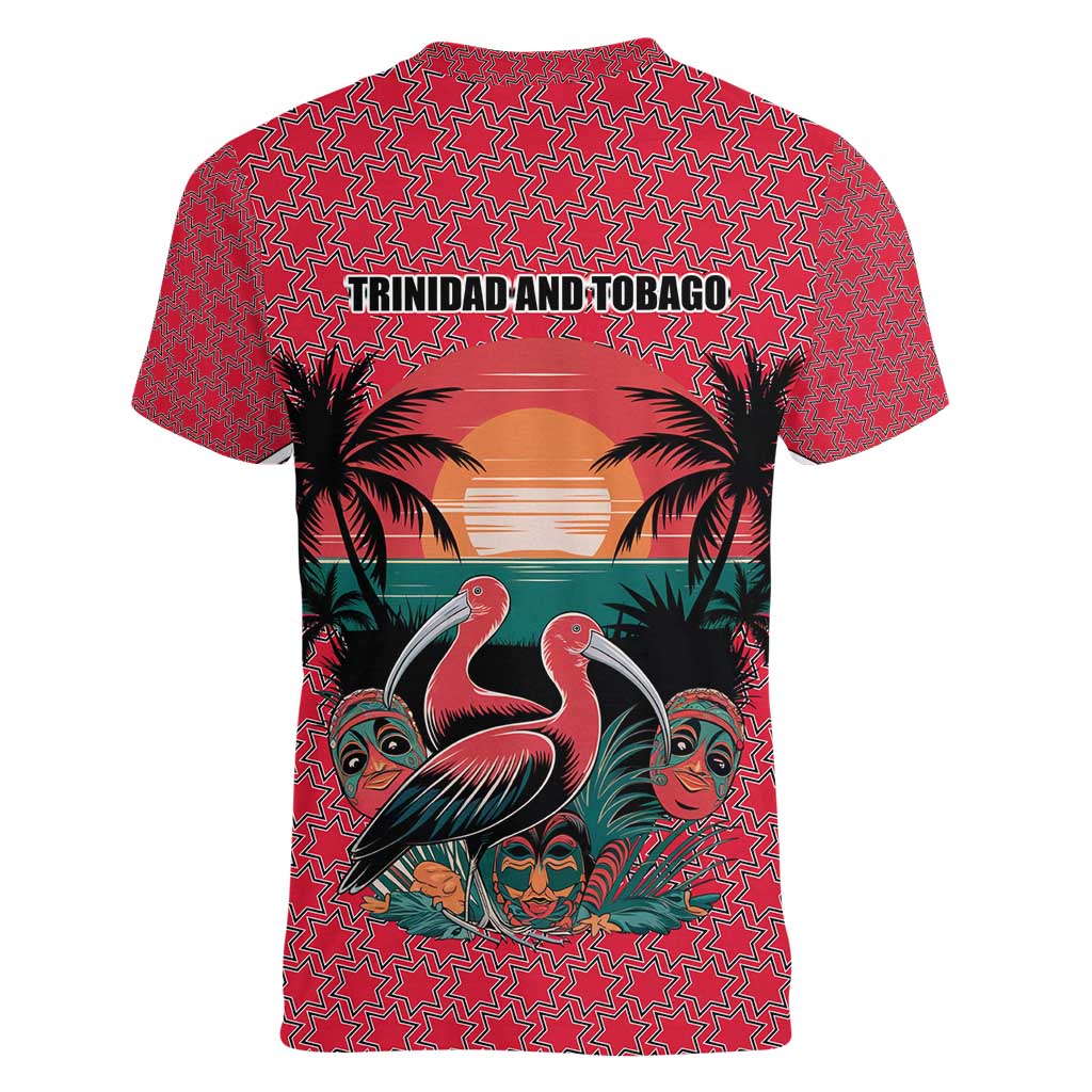 Trinidad and Tobago Flamingos Sunset Women V-Neck T-Shirt with Tribal Masks and Red Star Pattern - Wonder Print Shop
