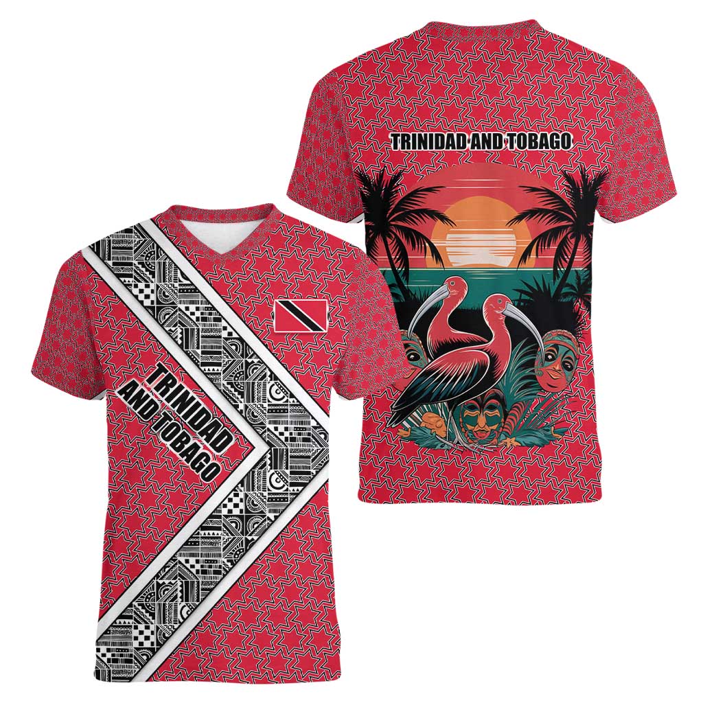 Trinidad and Tobago Flamingos Sunset Women V-Neck T-Shirt with Tribal Masks and Red Star Pattern - Wonder Print Shop