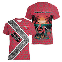 Trinidad and Tobago Flamingos Sunset Women V-Neck T-Shirt with Tribal Masks and Red Star Pattern - Wonder Print Shop