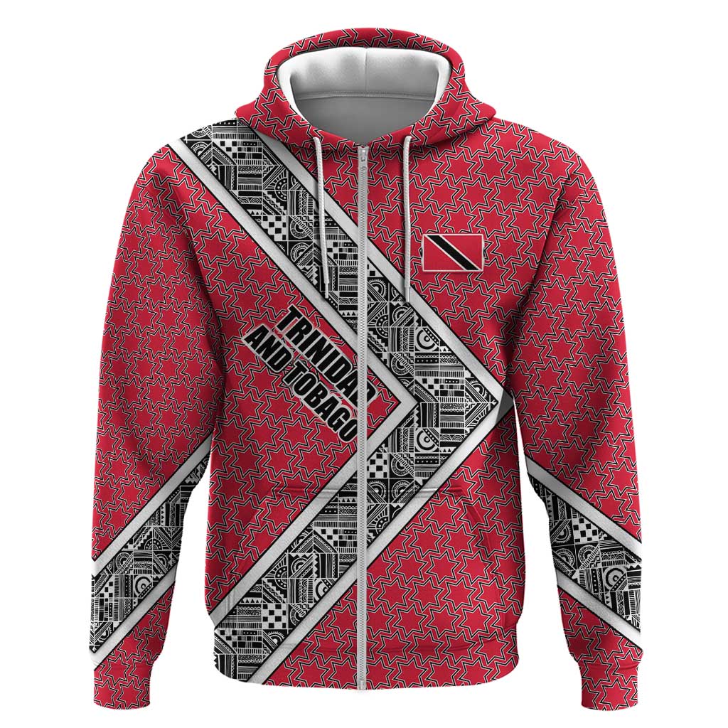Trinidad and Tobago Flamingos Sunset Zip Hoodie with Tribal Masks and Red Star Pattern - Wonder Print Shop