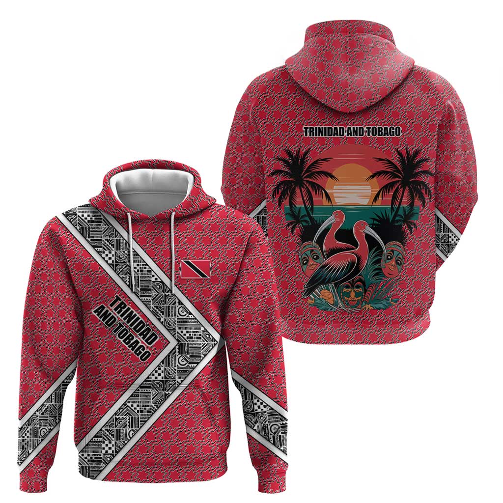 Trinidad and Tobago Flamingos Sunset Zip Hoodie with Tribal Masks and Red Star Pattern - Wonder Print Shop