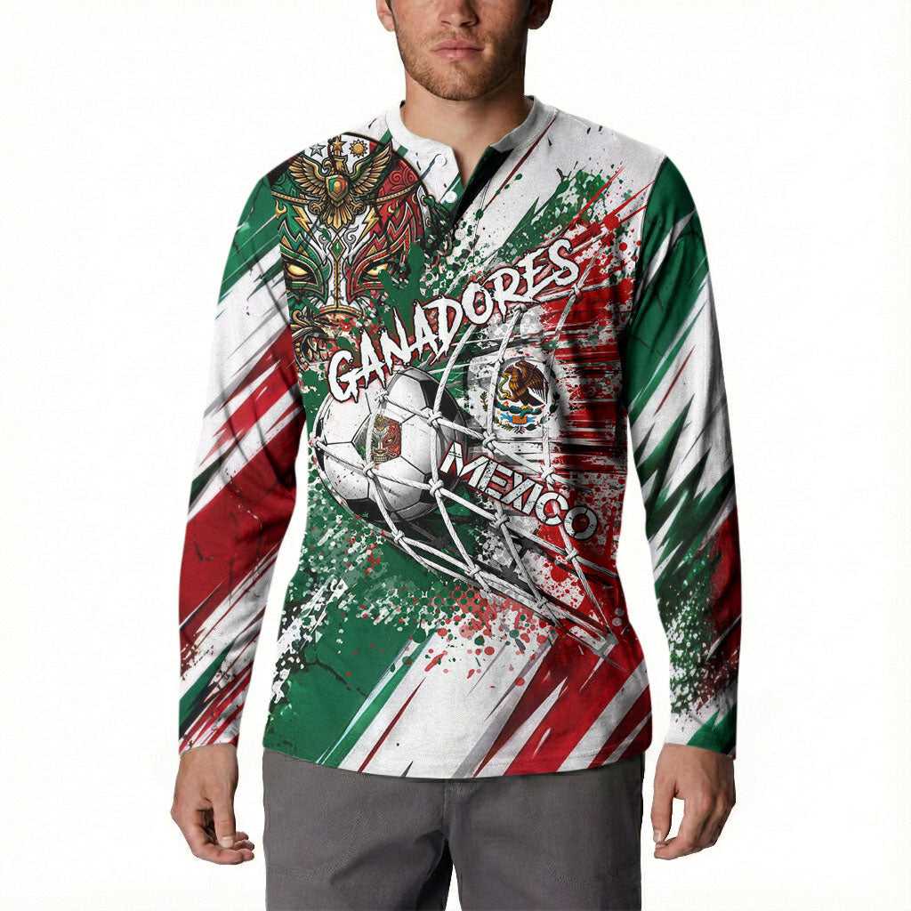 Personalized Mexico Football Ganadores Button Sweatshirt Aztec Jaguar Cultural Heritage Soccer Art