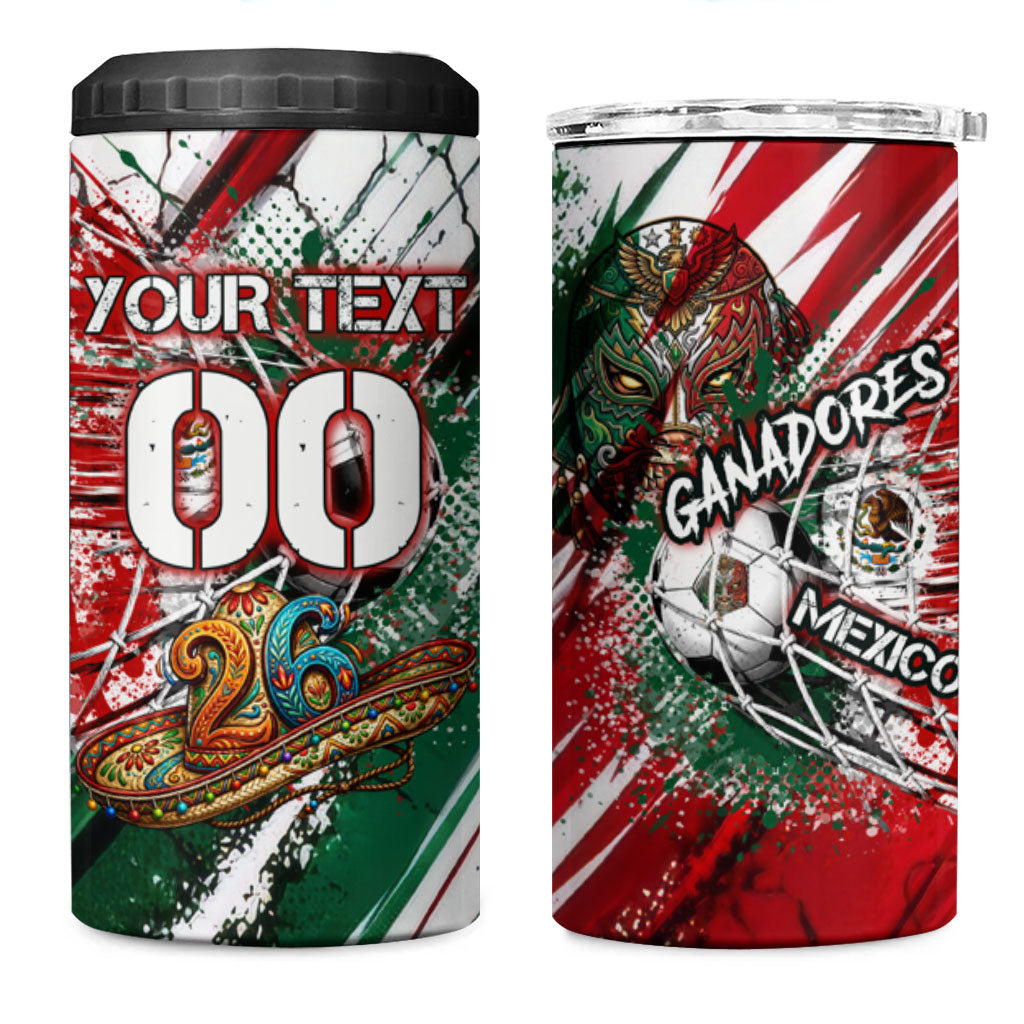 Personalized Mexico Football Ganadores 4 in 1 Can Cooler Tumbler Aztec Jaguar Cultural Heritage Soccer Art
