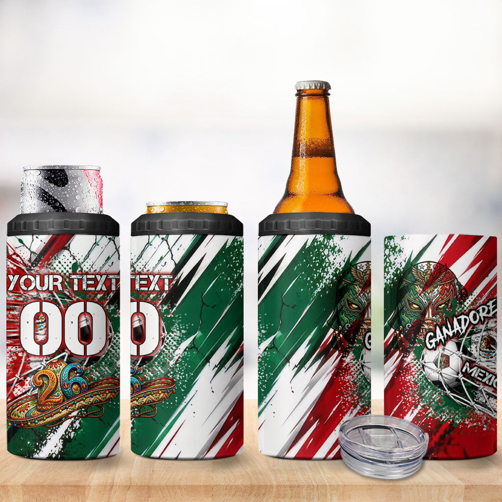 Personalized Mexico Football Ganadores 4 in 1 Can Cooler Tumbler Aztec Jaguar Cultural Heritage Soccer Art