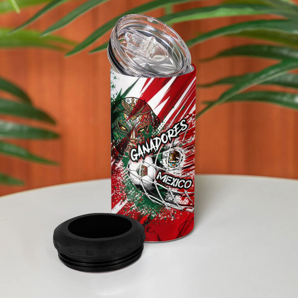 Personalized Mexico Football Ganadores 4 in 1 Can Cooler Tumbler Aztec Jaguar Cultural Heritage Soccer Art