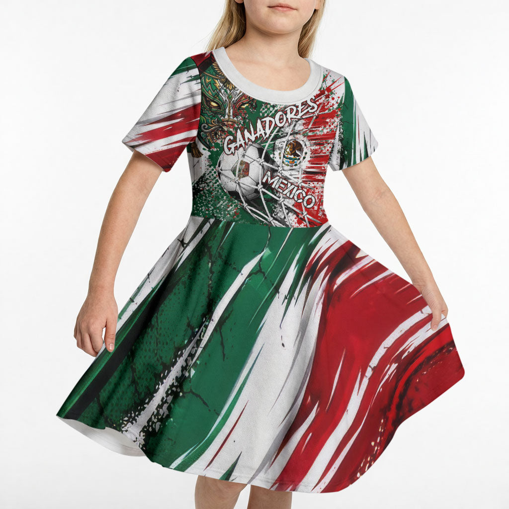 Personalized Mexico Football Ganadores Kid Short Sleeve Dress Aztec Jaguar Cultural Heritage Soccer Art