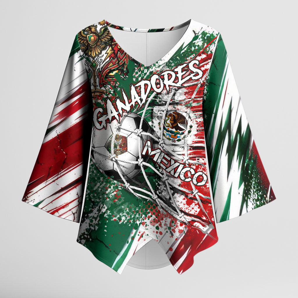 Personalized Mexico Football Ganadores Kimono Sleeve Blouse Aztec Jaguar Cultural Heritage Soccer Art