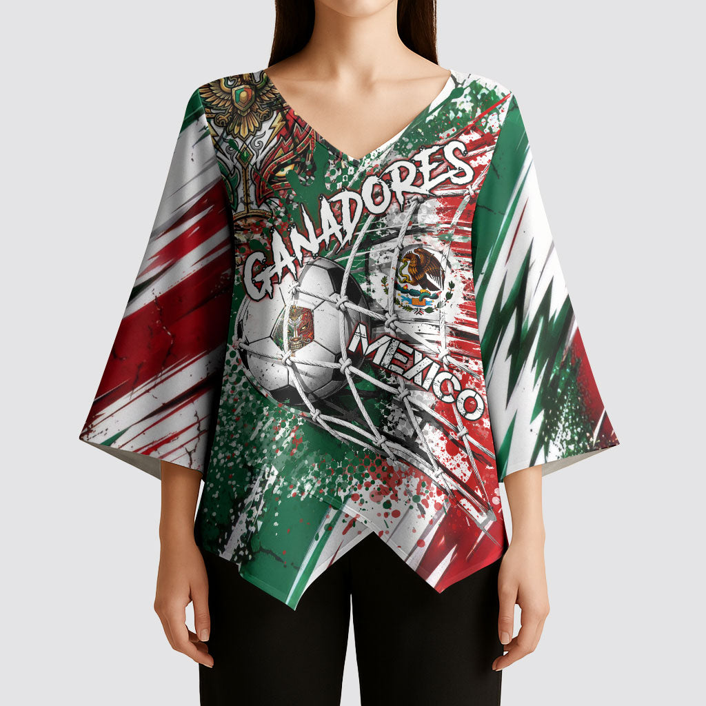 Personalized Mexico Football Ganadores Kimono Sleeve Blouse Aztec Jaguar Cultural Heritage Soccer Art