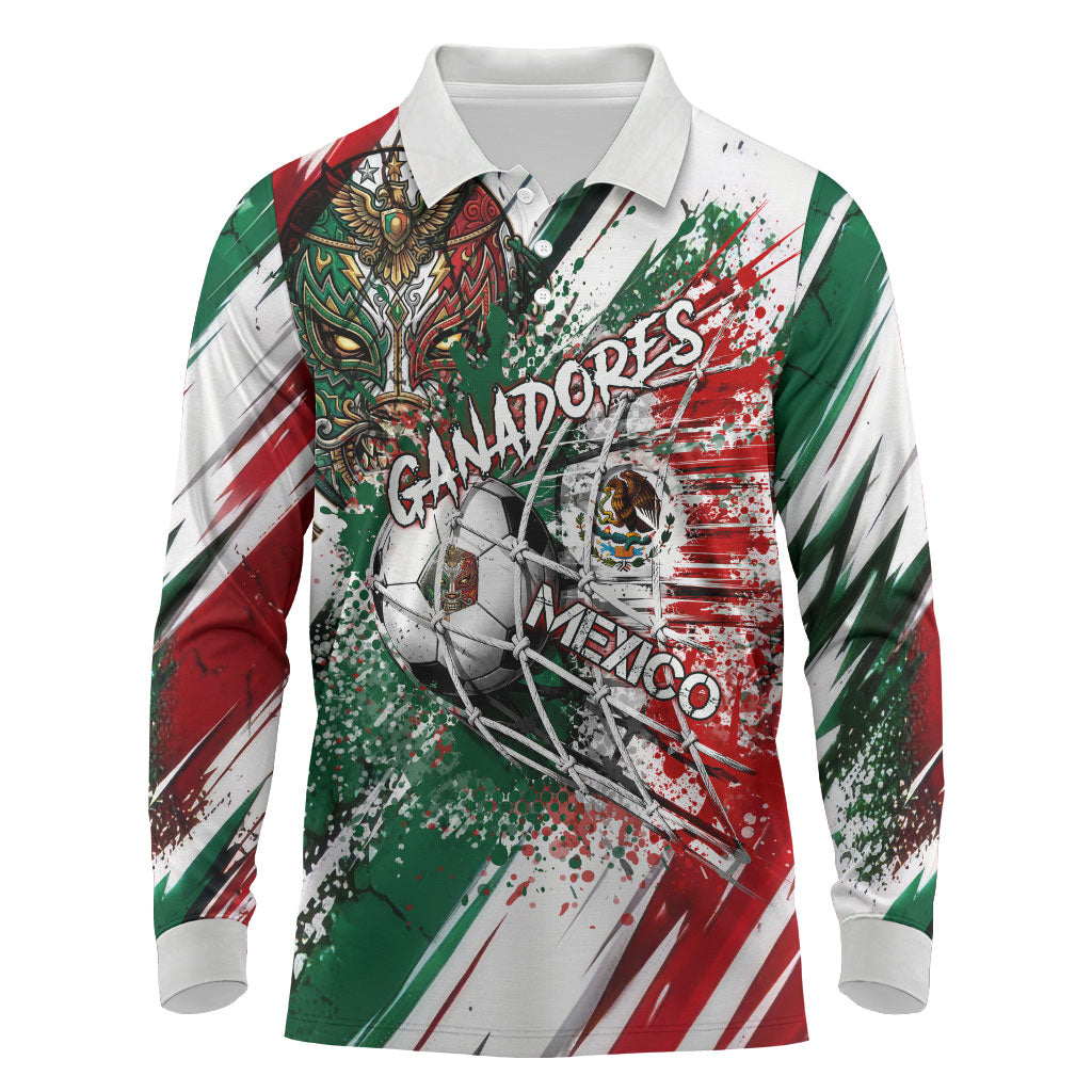 Personalized Mexico Football Ganadores Long Sleeve Polo Shirt Aztec Jaguar Cultural Heritage Soccer Art