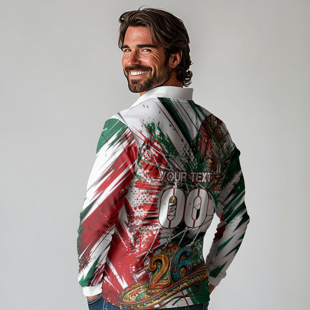 Personalized Mexico Football Ganadores Long Sleeve Polo Shirt Aztec Jaguar Cultural Heritage Soccer Art