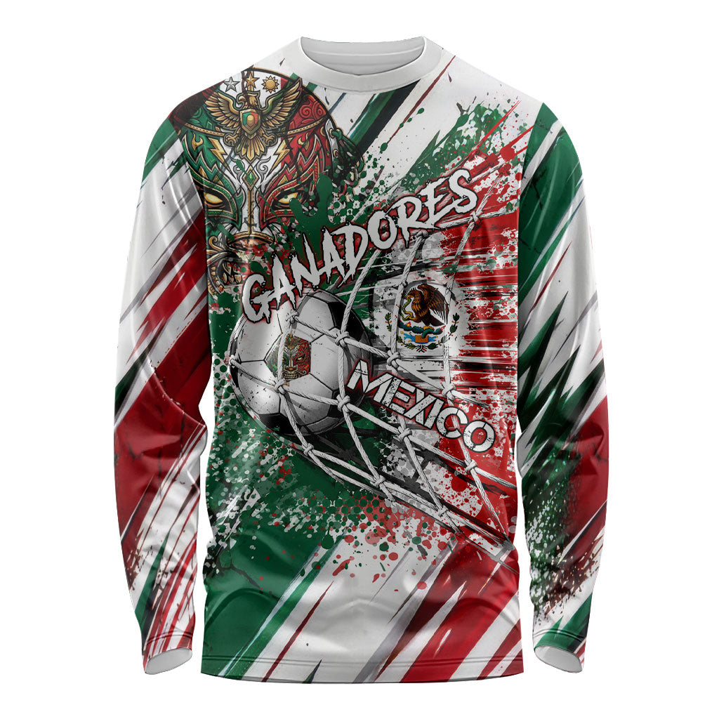 Personalized Mexico Football Ganadores Long Sleeve Shirt Aztec Jaguar Cultural Heritage Soccer Art