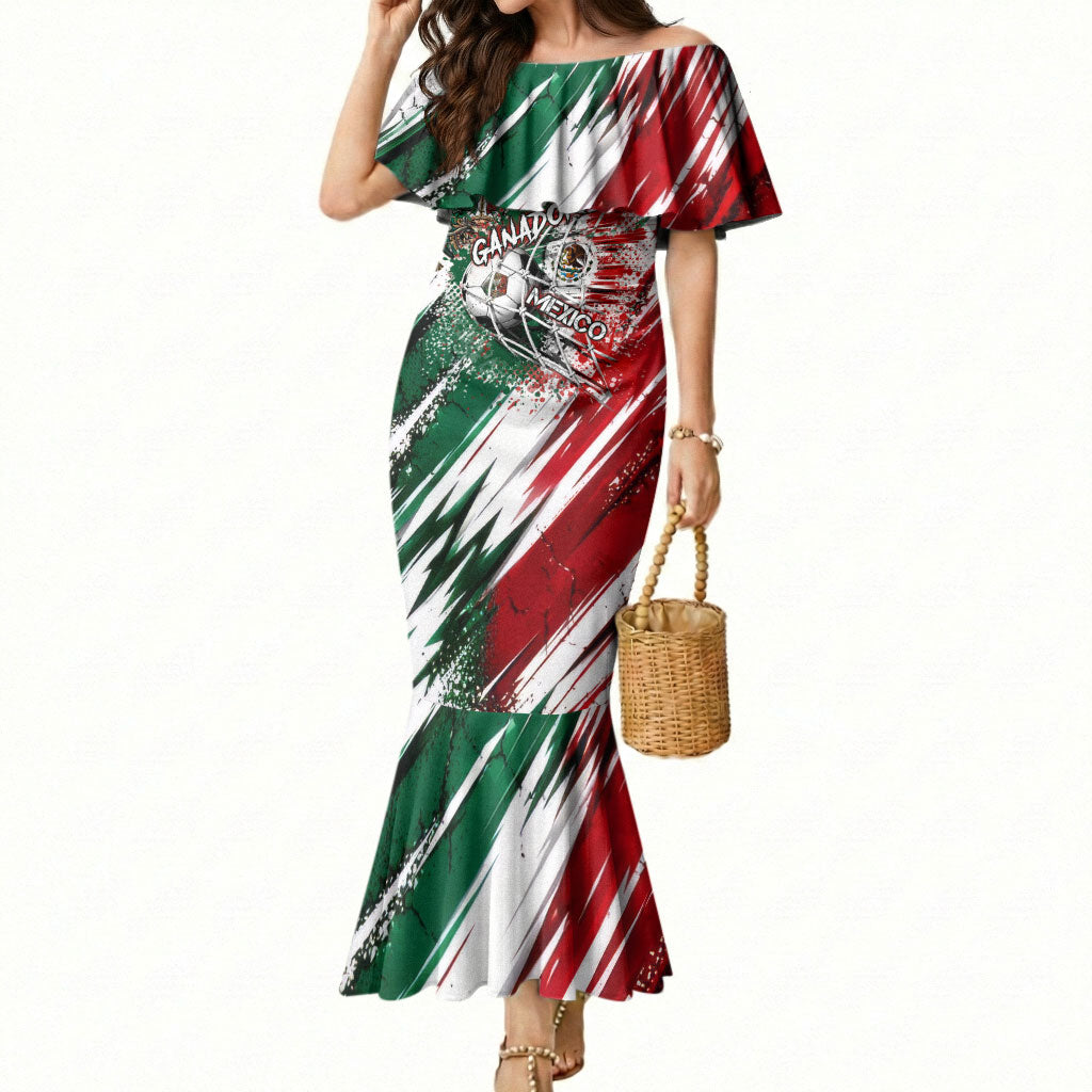 Personalized Mexico Football Ganadores Mermaid Dress Aztec Jaguar Cultural Heritage Soccer Art