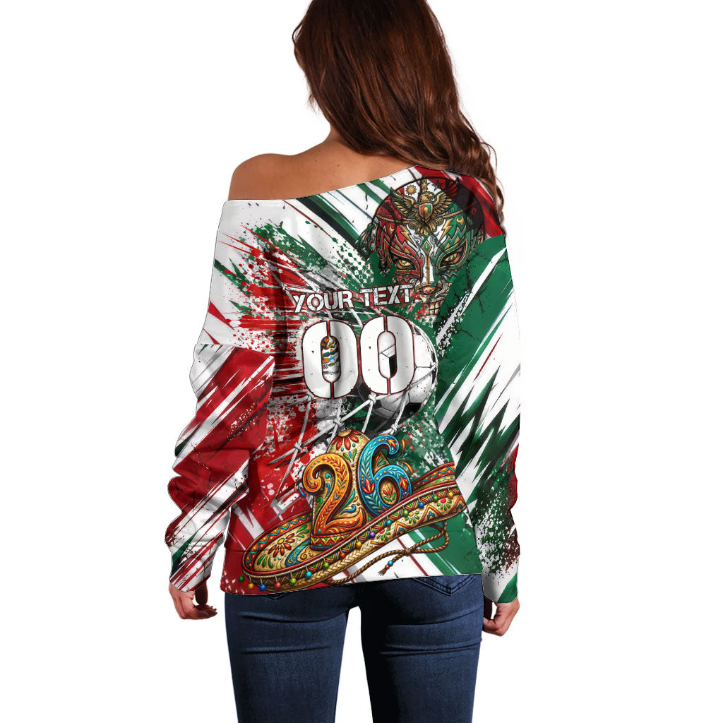 Personalized Mexico Football Ganadores Off Shoulder Sweater Aztec Jaguar Cultural Heritage Soccer Art